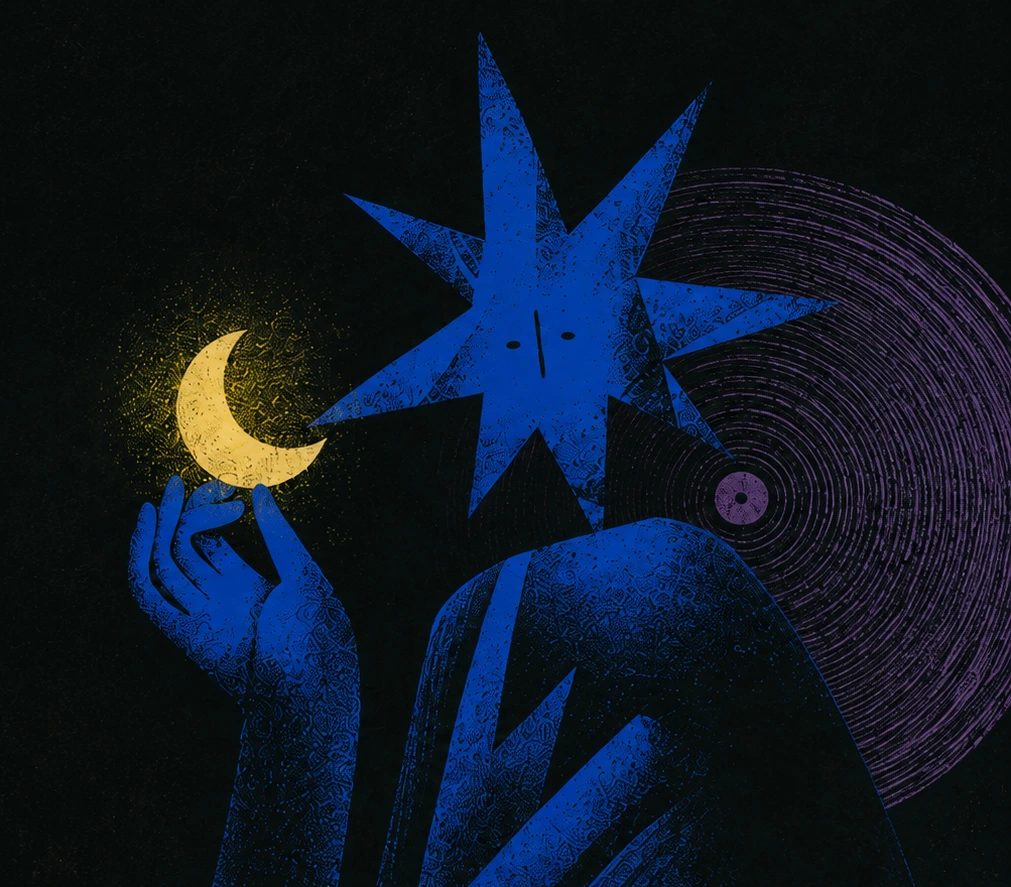 The star headed figure holding a crescent moon, a record turning behind it.